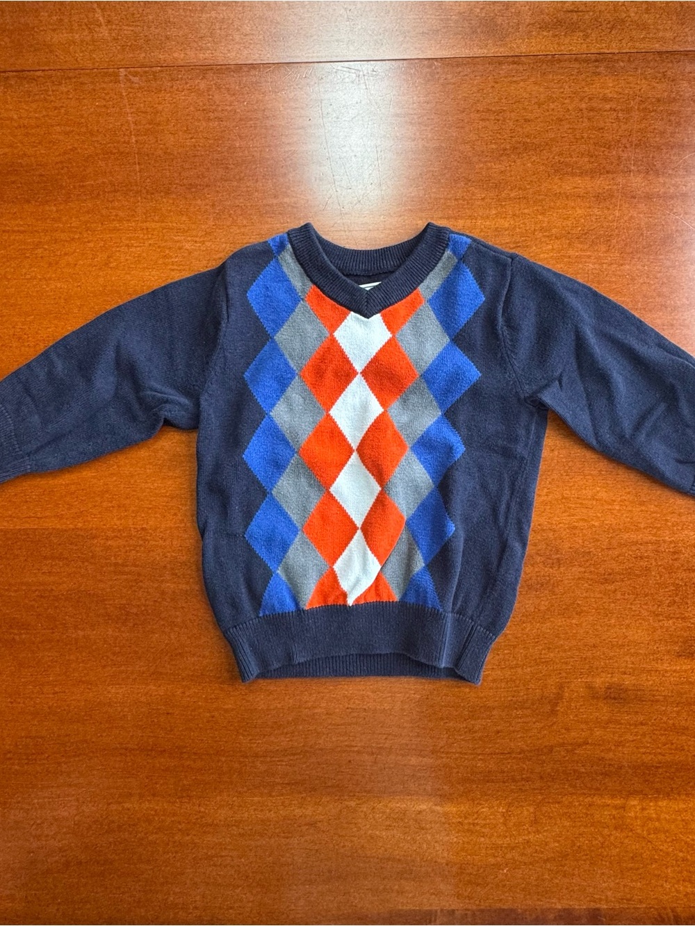 The Children’s Place Boys 12-18M Argyle Sweater Navy Blue Orange Gray V-Neck